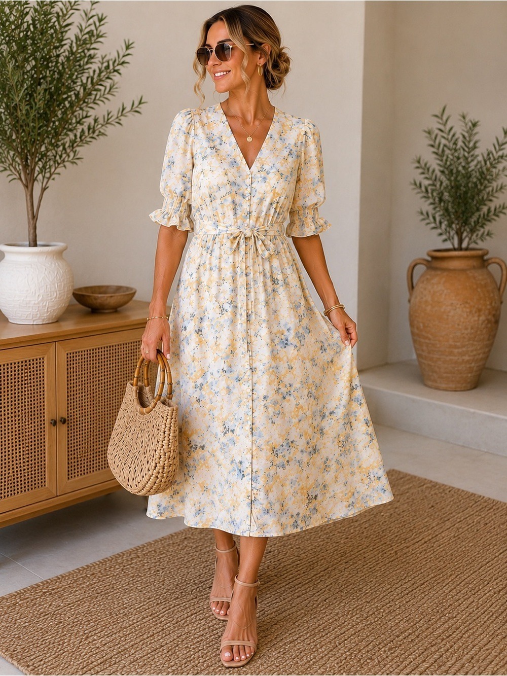 Simple Retro Floral Midi Dress Size Large Cottagecore Puff Sleeve Belted